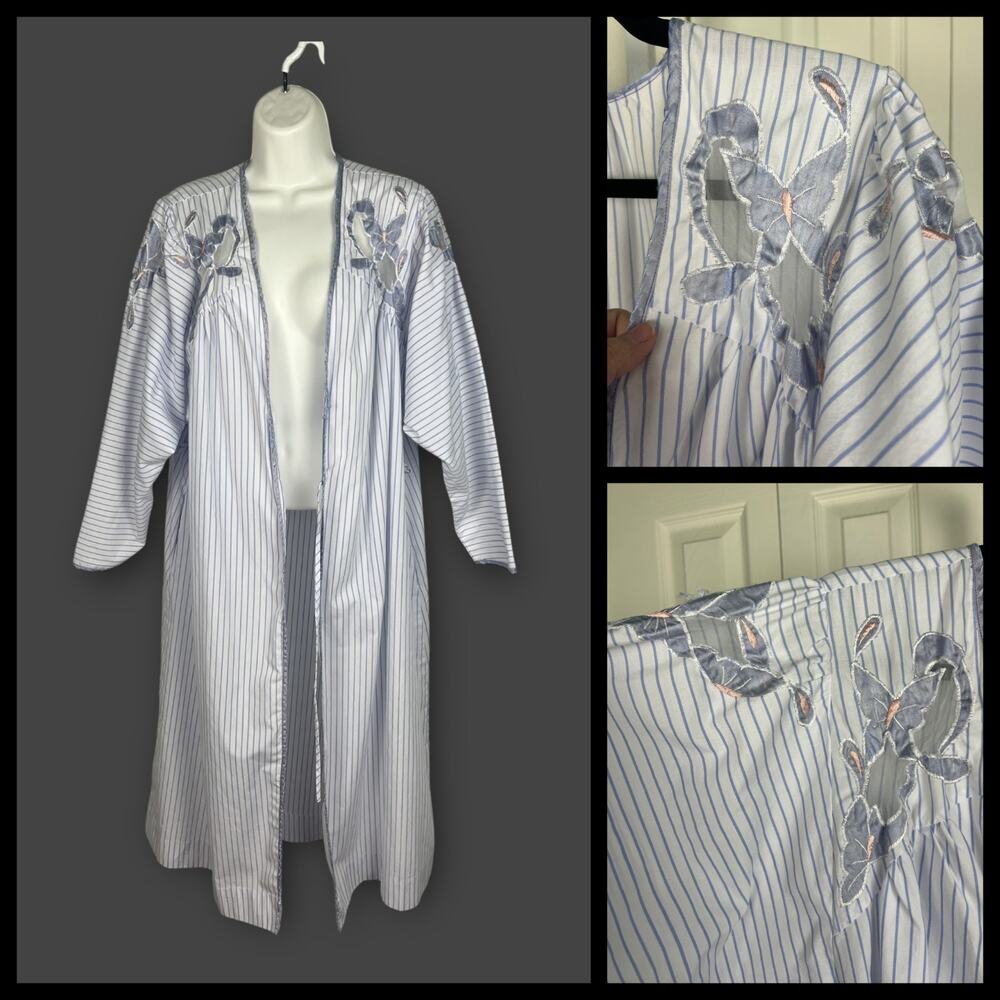 Kelly Reed Blue Stripe Butterfly Open Robe Duster Kimono Medium -missing belt‎